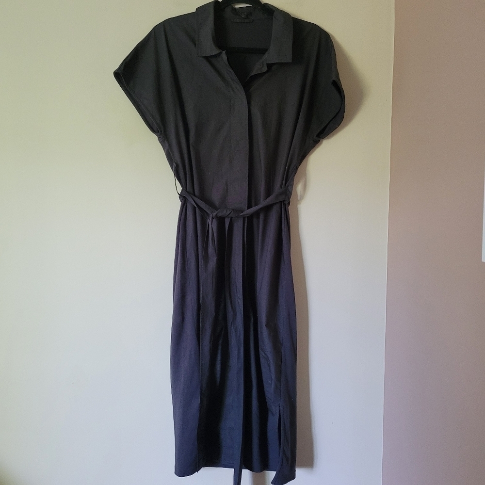 COS Short Sleeve Collared Cotton Midi Shirt Dress Tie Waist XS Faded Black